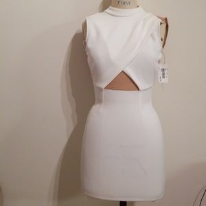 White bodycon mockneck cutout dress w nude mesh